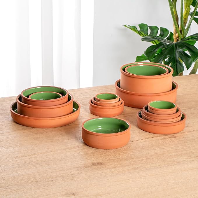 Restaurantware-Terra Tek 17 Ounce Terracotta Cazuelas, 2 Green Glazed Clay Pots For Cooking - Oven-Ready, Microwavable, Terracotta Serving Pots, Dishwashable, For Cooking And Serving