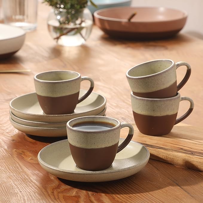 Gibson Elite William Crest 8 Piece Cup & Saucer Set, 4 Stoneware Cups & 4 Saucers, Reactive Glaze Finish, 3.5oz Espresso Cups, 5.5” Saucers, Round Coffee Set, Microwave & Dishwasher Safe - Green
