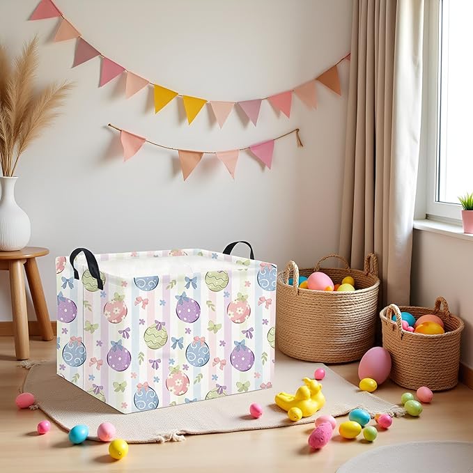 HIYAGON Rectangular Easter Basket Fabric Storage Bin Boxes Collapsible Baby Girl Basket for Clothes Books Shelves Basket(Bowknot Egg)