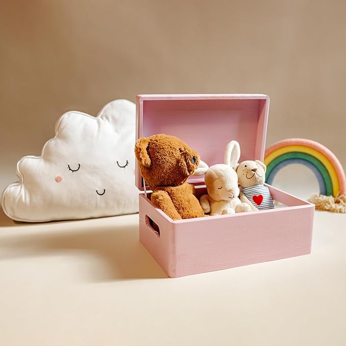 Creative Deco Large Pink Wooden Box Storage with Hinged Lid | 11.8x7.87x5.51in (+-0.5) | Keepsake with Handles | Gift Box for Tool Dog Toy Shoes Kitchen Storage | Wood Keepsake Chest Trunk