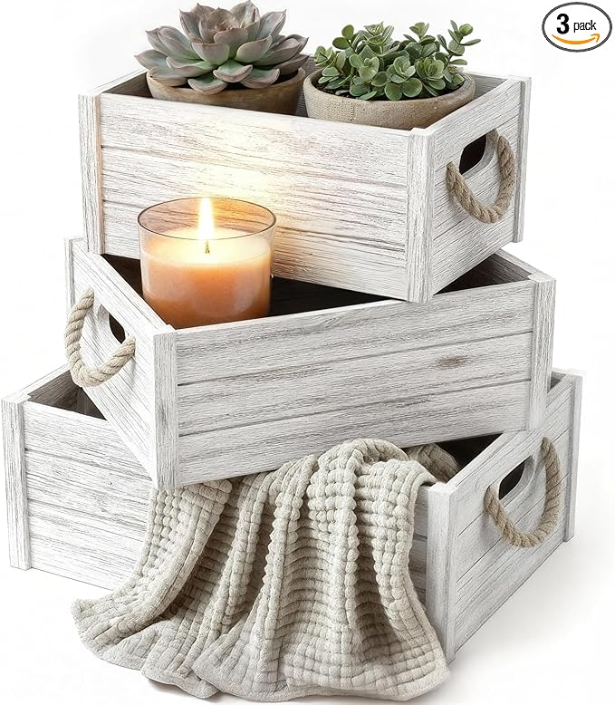 Set of 3 Rustic Nested Wooden Crates with Rope Handles - Decorative Farmhouse Storage Boxes for Kitchen, Living Room & Bathroom - Modern Wood Grain Home Organization