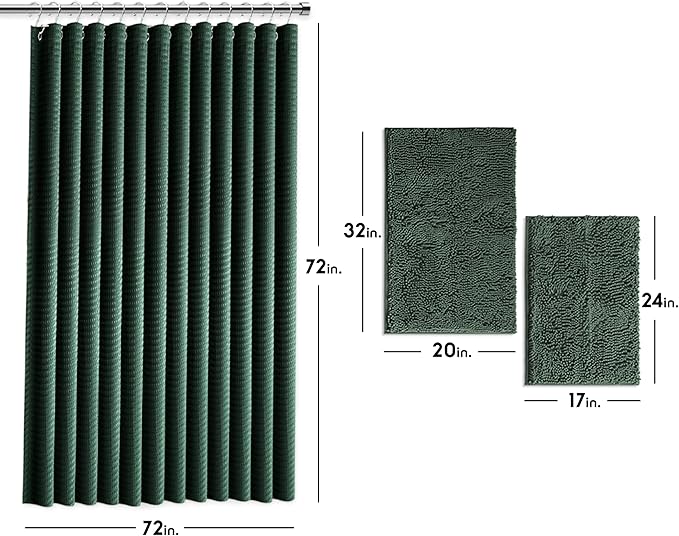 Clara Clark Hunter Green Shower Curtain Set with Rugs - Bathroom Sets with Shower Curtain and Rugs, Fabric Shower Curtains and 2 Bath Mats, Modern Bathroom Shower and Curtain Sets for Tub Or Stall