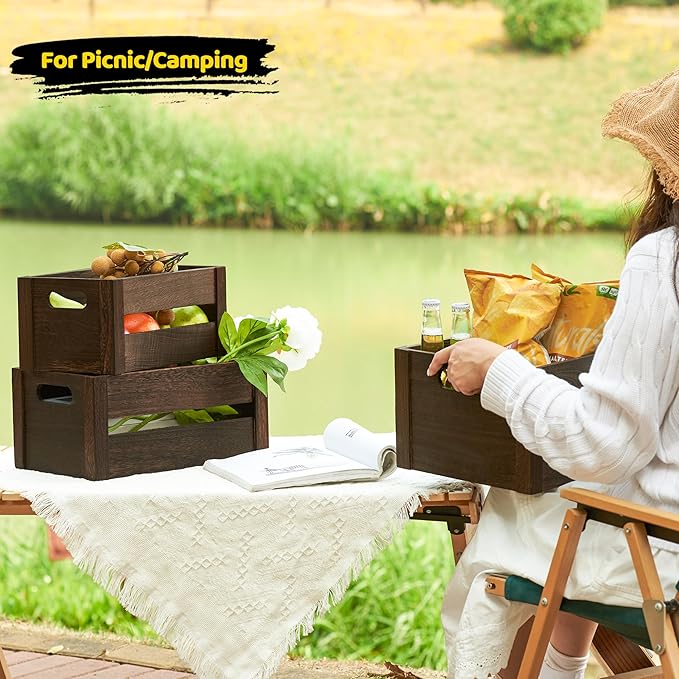 Edergoo Wooden Crates 3 Pack, Nesting Handmade Wood Crates for Storage, No Installation Wooden Storage Box with Cutout Handle for Display & Decor, Brown