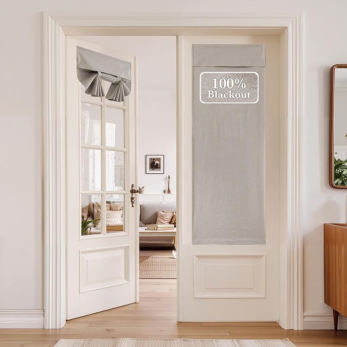 NICETOWN 100% Blackout Linen Door Curtain for French Front Door, Thermal Insulated Room Darkening Window Covering for Kitchen Living Room, Privacy Tie Up Shade, 1 Panel, 30W x 69" L, Light Grey