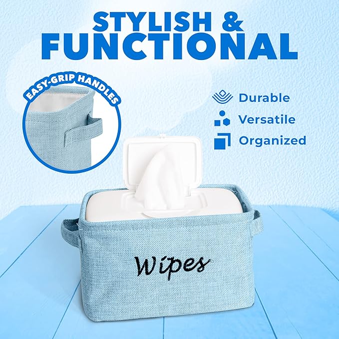 Dejaroo - Baskets for Organizing Wipes and Newborn Essentials, Diaper and Wipes Organizer, Embroidered Baby Shower Gifts for Moms, Linen Basket with Handle, 9 x 6 x 5.5 Inches, Blue