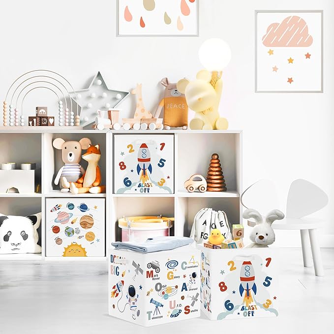 Clastyle Education Storage Cube Organizer Set Handle Closet Clothes Cube with Metal Frame Foldable Parents Organizer Storage Basket for Book Toy,Space,11.8x11.8x11.8 in