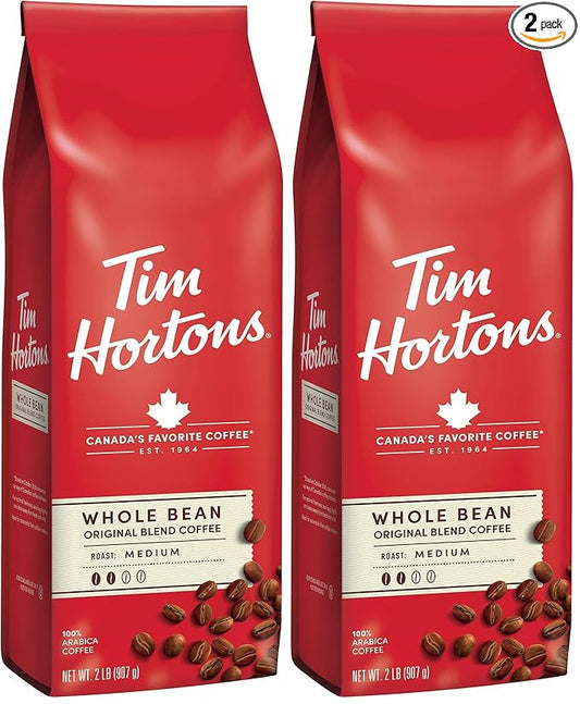 Tim Hortons Whole Bean Original, Medium Roast Coffee, Made with 100% Arabica Beans, 32 Ounce Bag (Pack of 2)