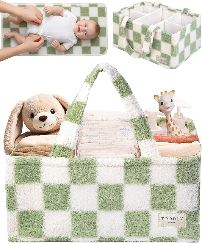 Checkered Diaper Caddy Organizer with Portable Changing Mat - Teddy Fleece Diaper Organizer for Changing Table - Caddy Organizer with Removable Dividers - Green and White