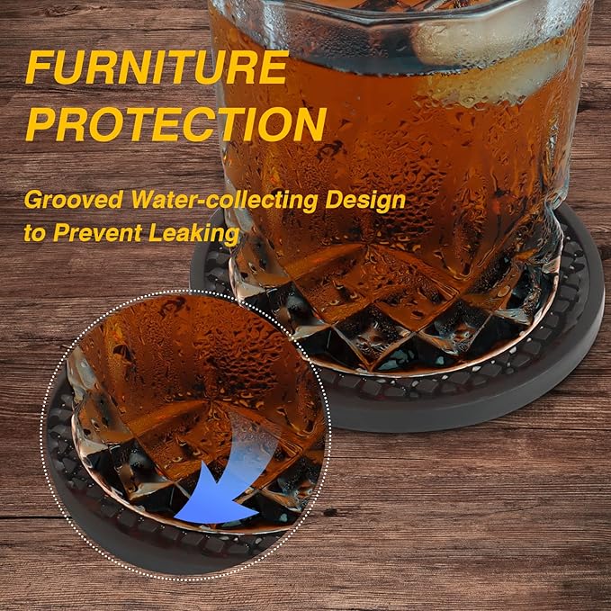 Silicone Coasters for Drinks, Non‑Slip Spill‑Proof Heat Resistant Coasters Set of 4, Reusable Washable Table Protection for Home Decor Kitchen Office, Bar(4Pack,Black)