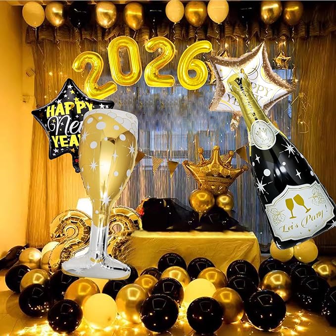 106 Pcs Black and Gold Confetti Balloons Arch Kit, Huge Black Gold Champagne Bottle Goblet Aluminum Foil Balloons for College, Kindergarten Grad, 2026 Graduation Party Decorations Supplies