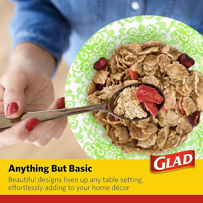 Glad Round Disposable Paper Bowls, Green Victorian Design - Heavy Duty, Soak-Proof, Cut-Resistant, Microwavable Paper Bowls for All Foods and Daily Use, 16 oz, 15 Count - 6 Pack
