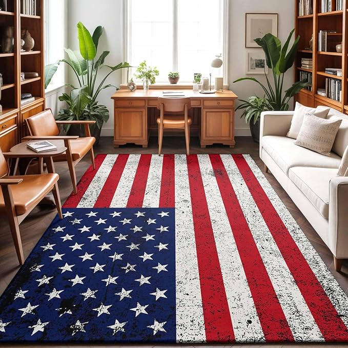 Area Rug 3x5ft, Independence Day Stars Stripes Retro Washable Rugs for Living Room Bedroom, Patriotic Flag Red Blue Soft Non-Slip Area Rugs Rectangle Floor Carpet for Dining Room