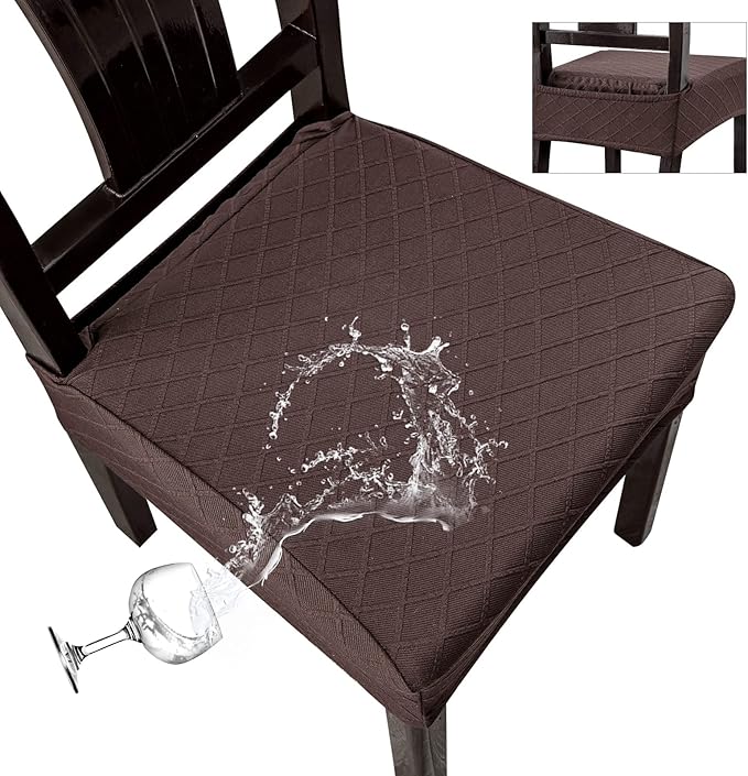 Genina Waterproof Seat Covers for Chairs,Set of 2 Dining Room Chair Seat Covers for Kitchen,Stretch Jacquard Removable Washable Dining Chair Slipcovers Protectors with Rear Covers, Chocolate