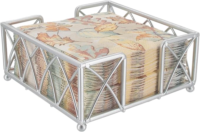 Boston International Paper Napkin Holder Caddy Dispenser for Kitchen Dining Buffet & Bar Countertops, 5.25" x 5.25" (Fits Cocktail Size), Silver Arch