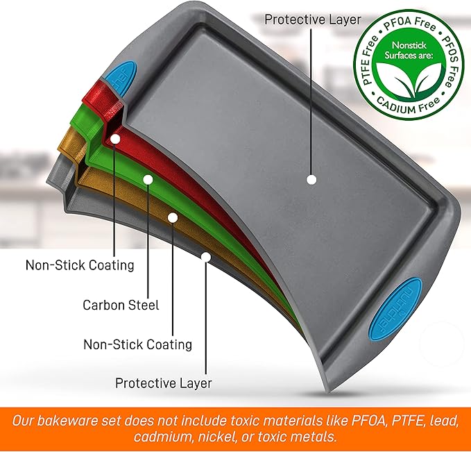 NutriChef 2-Piece Baking Pan Set - Premium Non-Stick Coating Carbon Steel Bakeware w/ Silicone Handles - PFOA, PFOS, PTFE Free Kitchen Oven Bake Tray, Cookie Sheets - Dark Gray, 17.3"x11.4"x1.2"