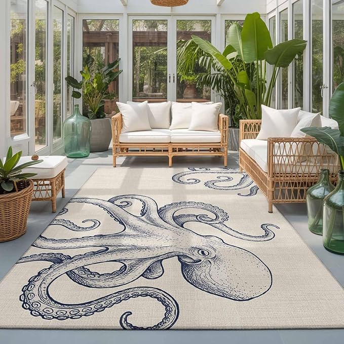 Area Rug 3x5ft, Marine Octopus Sea Monster Washable Rugs for Living Room Bedroom, Farmhouse Ocean Life on Linen Soft Non-Slip Area Rugs Rectangle Floor Carpet for Dining Room