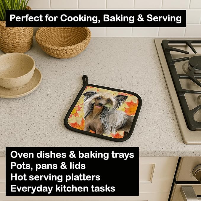 Caroline's Treasures BB9920PTHD Chinese Crested Fall Pair of Pot Holders, Yellow Kitchen Heat Resistant Pot Holders Sets Oven Hot Pads for Cooking Baking BBQ, 7 1/2 x 7 1/2