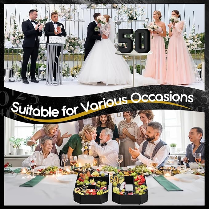 50 Cardboard Numbers for Charcuterie Numbers Fillable 13.8'' Black Paper Mache Number Shaped Cupcake Pans Board Box Trays Container for Food Candy 50th Birthday Party Decorations Anniversary