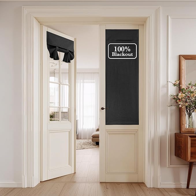 NICETOWN 100% Blackout Linen Black Door Curtains for Window, Privacy French Door Curtain 64 Inches Long for Kitchen Living Room, Room Darkening Tie Up Shade, 1 Panel, 26W x 64" L