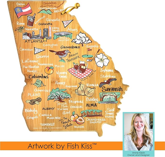 Totally Bamboo Georgia State Shaped Cutting Board and Charcuterie Serving Platter with Artwork by Fish Kiss, Includes Hang Tie for Wall Display