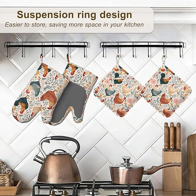 Cute Roosters Chicken Hens Oven Mitts and Pot Holders Set of 4, Heat Resistant Non Slip Plants Kitchen Gloves Hot Pads,Chef Cooking Baking Gifts for Women Bakers,Kitchen Cooking Lover Cooks