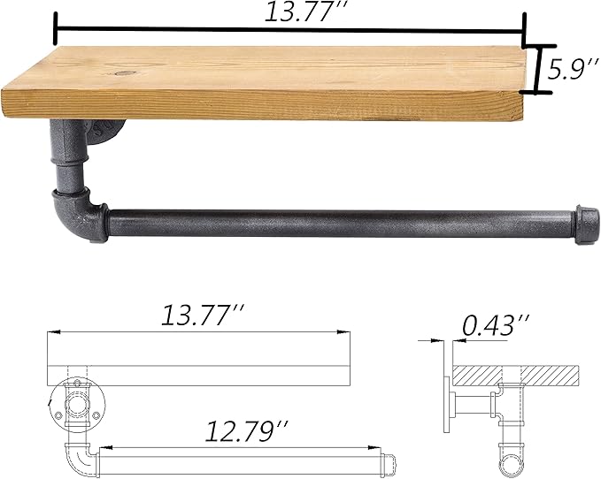 Industrial Vintage Paper Towel Holder Gordon with 13"x6" Shelf Spice Rack TPD-004, Steampunk Loft Style Wall Mount Kitchen Laundary Room Organizer, Wood Metal Water Pipe