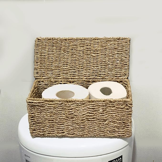 Seagrass Rectangle Storage Boxes w Lid | Set 2 Household Essential Shelf Organizer - Decorative Wicker Bins for Home Office, Nusery Supplies, Kitchen Accessories - Rustic Bathroom Toilet Tank Topper