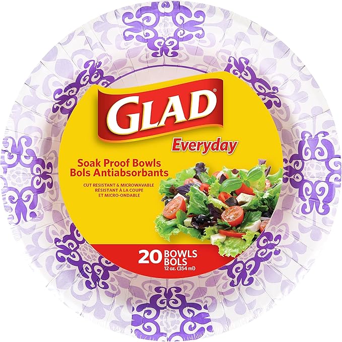 Glad Round Disposable Paper Bowls, Purple Victorian Design - Heavy Duty, Soak-Proof, Cut-Resistant, Microwavable Paper Bowls for All Foods and Daily Use, 12 oz, 20 Count - 6 Pack