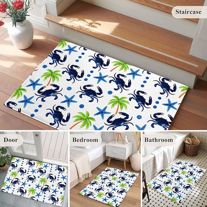 Area Rug 2x3ft, Abstract Blue Crab Starfish Washable Rugs for Living Room Bedroom, Watercolor Palm Tree Soft Non-Slip Area Rugs Rectangle Floor Carpet for Dining Room