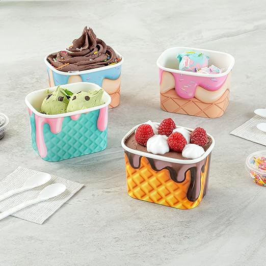 Restaurantware Paper Cups 200 Count 12 Ounce Square Disposable Ice Cream Containers, Leak-Resistant Paper Dessert To Go Cups, Hot And Cold Food, Durable Chocolate Drizzle Design