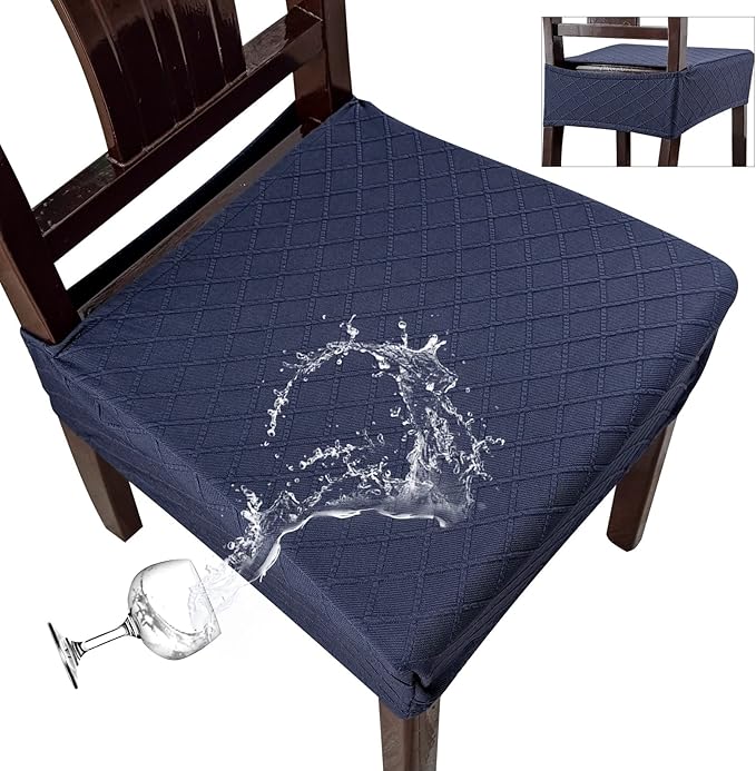 Genina Waterproof Seat Covers for Chairs,Set of 6 Dining Room Chair Seat Covers for Kitchen,Stretch Jacquard Removable Washable Dining Chair Slipcovers Protectors,No Rear Covers, Navy Blue