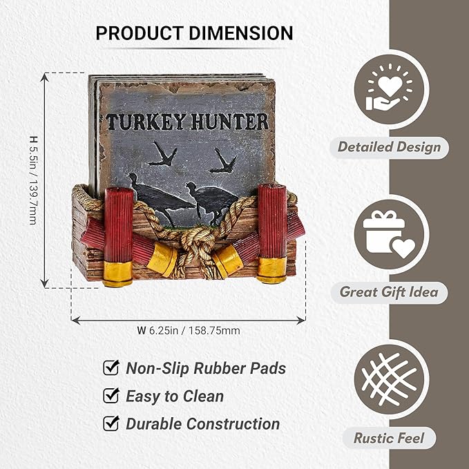Pine Ridge Buckshot Absorbent Coaster Set with Holder - Table Coasters Home Decors for Drinks - Rustic Turkey Hunter Country Coaster Decoration