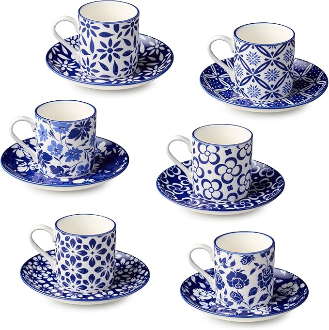 Madison 6-Piece Espresso Cup & Saucer Set, 3.25 oz Porcelain Cups with 4.75-Inch Saucers, Intricate Blue & White Patterns, Durable & Dishwasher Safe, Perfect for Espresso & Giftable Elegance