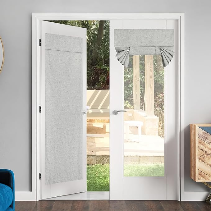 NICETOWN Linen Door Window Curtains, Farmhouse French Door Curtains 72 inches Long, 100% Blackout Shades for Blinds, Thermal Insulated Tie Up Shades, 36 X 72 Inches, Light Grey, 1 Panel