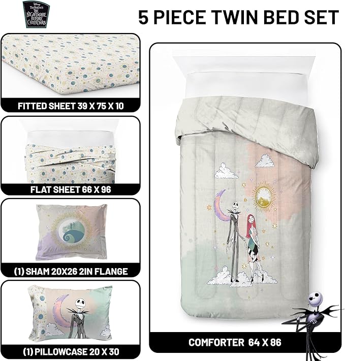 Disney Nightmare Before Christmas Twin Size Comforter Set - 5 Piece Jack and Sally Bedding Includes Sheet Set & Pillow Covers - Super Soft Ombre Bedding