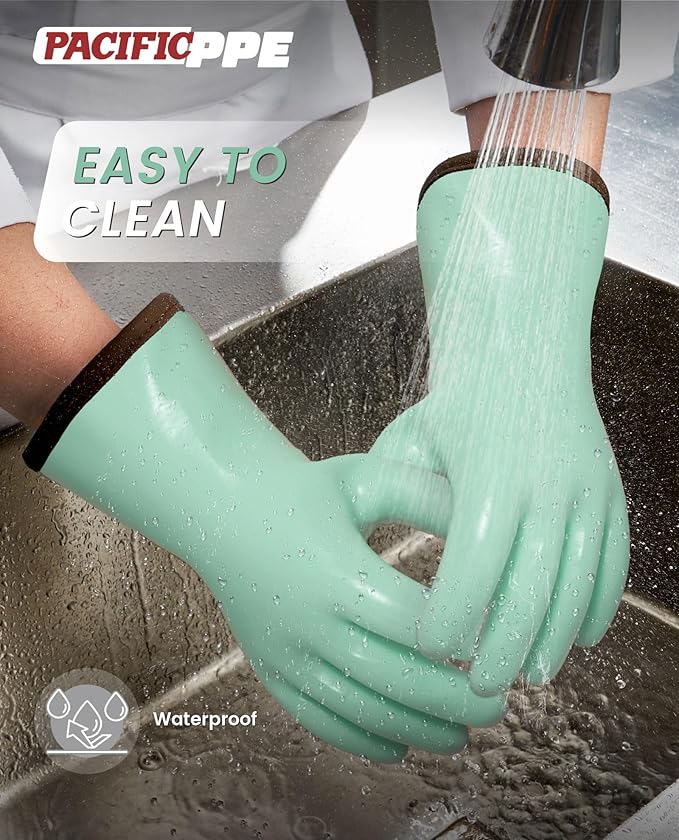 PACIFIC PPE Heat Resistant Oven Gloves, Food Grade Safety Gloves with Thickened Waterproof Silicone Coating for Cooking, Grilling, Baking, Smoker, Green, M/8