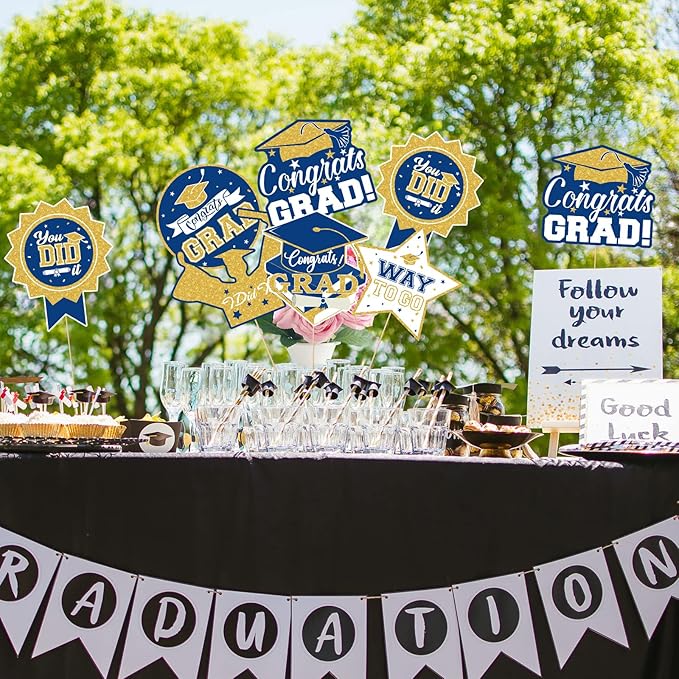 2026 Graduation Party Decorations - 24 Pcs Class of 2026 Congrats Grad Table Centerpieces Graduation Table Decorations Sticks Table Toppers for Graduation Party (Blue Gold)