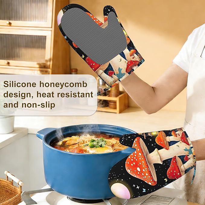 Oven Mitts and Pot Holders Mushroom Silicone Kitchen Accessories Set of 4 Heat Resistant Gloves Colorful Butterfly Moon Star Potholder Non-Slip Grip for Chef Cooking Baking Grilling BBQ