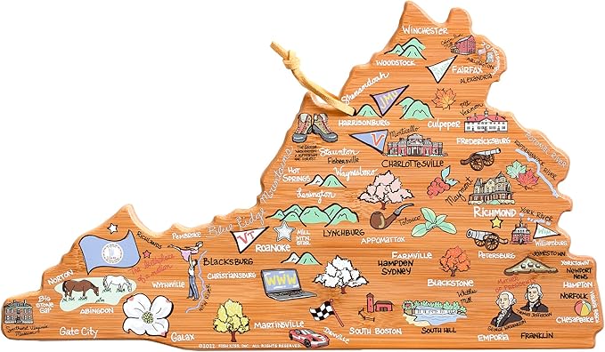 Totally Bamboo Virginia State Shaped Cutting Board and Charcuterie Serving Platter with Artwork by Fish Kiss, Includes Hang Tie for Wall Display