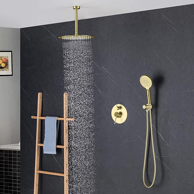 KIBI Circular Ceiling Mounted Shower System with 2-Function Faucet Set | Solid Brass Pressure Balanced Valve | Anti-Scald Design for Reliable Water Temperature Control (Brushed Gold Finish, KSF408)