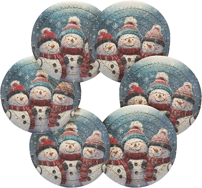 YETTASBIN Christmas Snowman 6 Pcs Drink Coasters with Holder, Cotton Woven Absorbent Heat-Resistant Round Coaster Set Tabletop Protector for Kitchen Bar Home Decor Housewarming Gift, 3.9 in