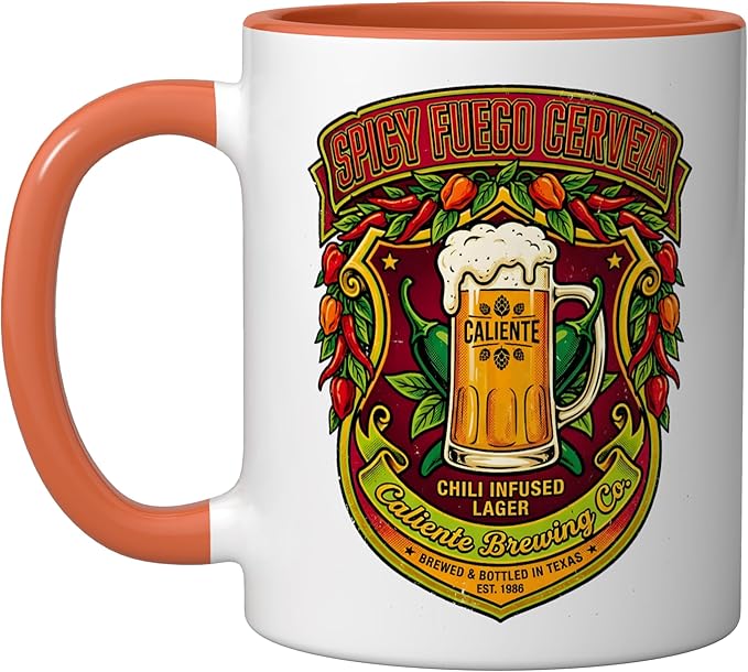 Spicy Fuego Cerveza Chili Texas Drinking Vintage Beer Label Ceramic Mug, Orange/White