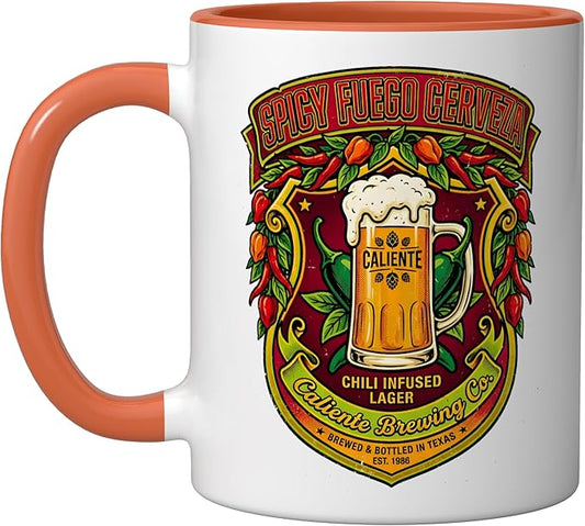 Spicy Fuego Cerveza Chili Texas Drinking Vintage Beer Label Ceramic Mug, Orange/White