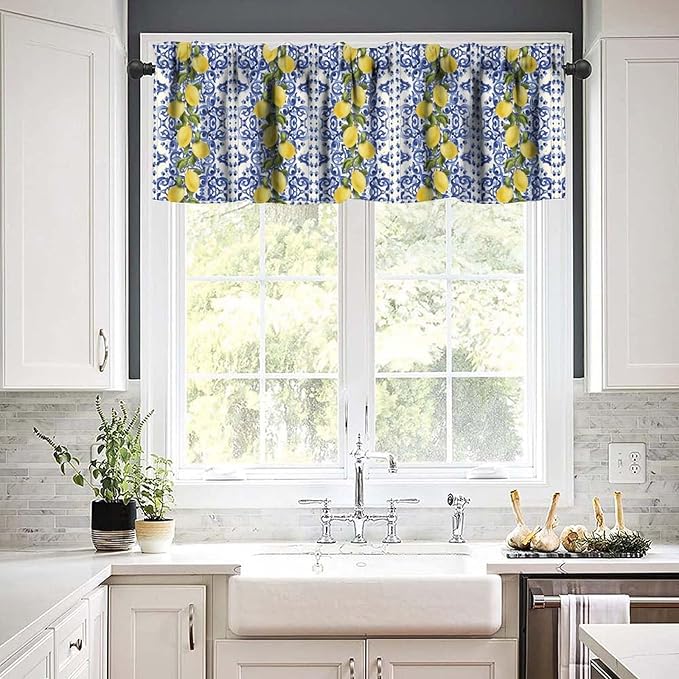 Blue White Tile Valance, Yellow Lemon Summer Fruit Short Rod Pocket Window Curtain for Kitchen Dining Room Bedroom Cafe Resturant Home Decor, 54x18Inch