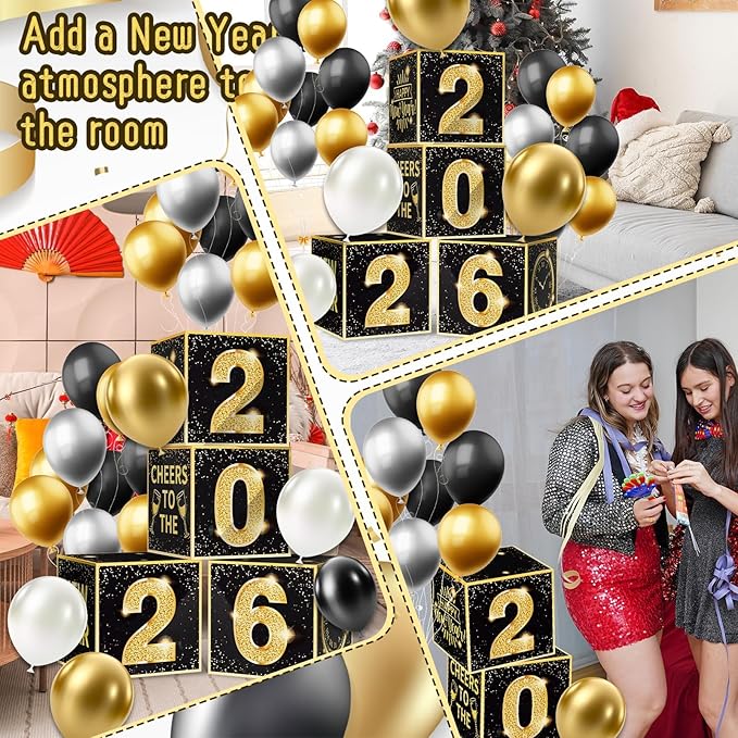 New Years Eve Party Supplies 2026 Balloon Box Kit Gold and Black New Years decorations for 2026 Happy Eve Party Decoration Supplies