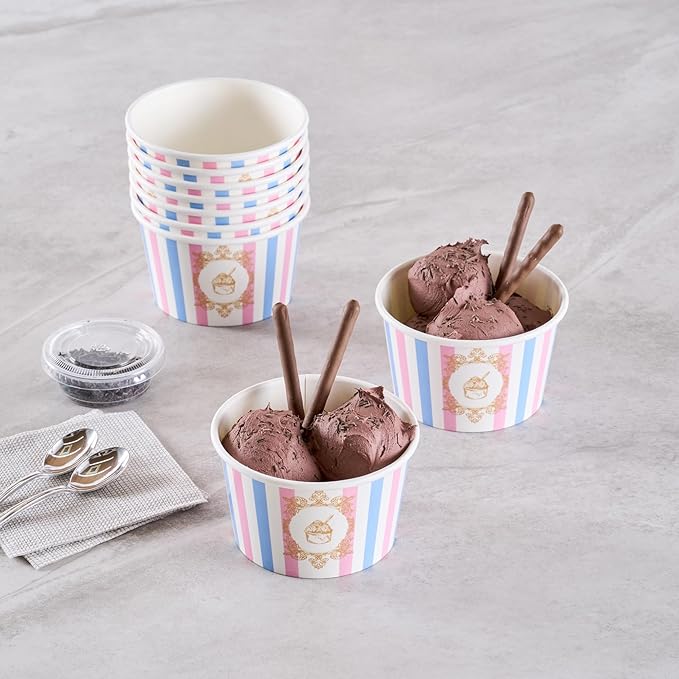 Coppetta 8 Ounce Dessert Cups, 50 Greaseproof Ice Cream Cups - Lids Sold Separately, For Hot And Cold Foods, Pink And Blue Stripe Paper Yogurt Bowls, Disposable, Sturdy - Restaurantware