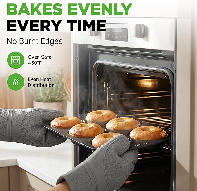 NutriChef Nonstick Donut Pans for Baking | 6 Durable & Easy to Clean Doughnut Molds | Fits Full-Sized Doughnuts | Oven Safe Up To 450F | Bake Perfect Donuts & Bagels | 12.5 x 8.5 Donut Trays | 4 Pack
