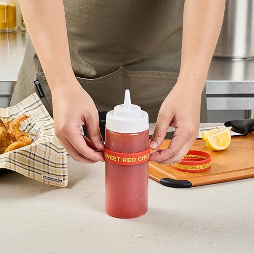 Restaurantware Silicone Squeeze Bottle Band 10 Count 2.75 Inch Dishwasher Safe Condiment Identification Band, Sweet Red Chili Red Non-Slip Label Band for Condiment Labeling at Restaurants, Food Trucks
