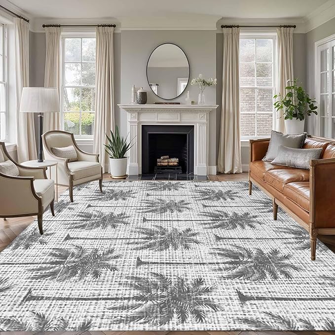 Area Rug 9x12ft, Summer Palm Tree Retro Linen Washable Rugs for Living Room Bedroom Rectangle Floor Carpet, Tropical Gray Botanical Soft Non-Slip Area Rugs for Dining Room