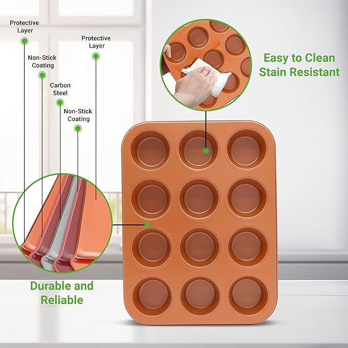 NutriChef 12-cup Copper Oven Muffin Pan, Non-Stick Coated Layer Surface, Even Heating Muffin Tray for Muffins, Cupcakes, Pastries & Mini Pies, Used for Model Number NCBSCC54
